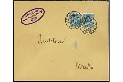 4 øre Tofarvet i parstykke på brev fra Amtsstuefilialen i Nykjøbing F. annulleret Nykjøbing paa Falster d. 25.10.1900 til Amtstuen i Maribo.