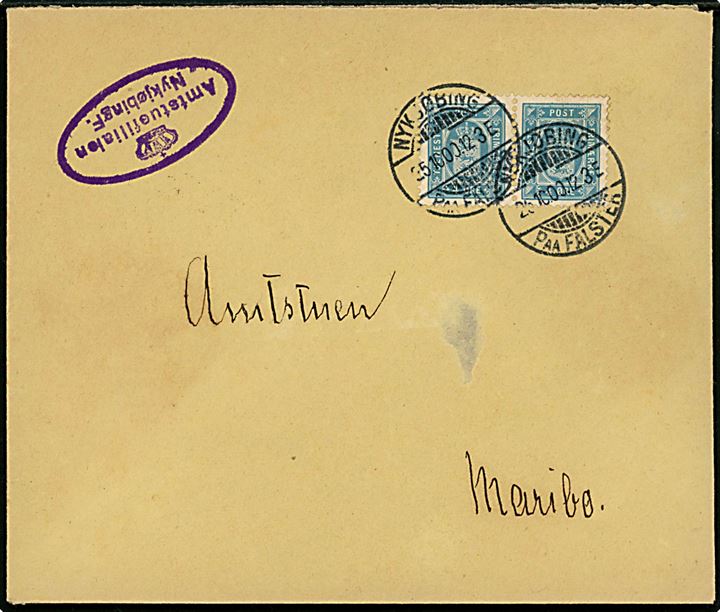 4 øre Tofarvet i parstykke på brev fra Amtsstuefilialen i Nykjøbing F. annulleret Nykjøbing paa Falster d. 25.10.1900 til Amtstuen i Maribo.