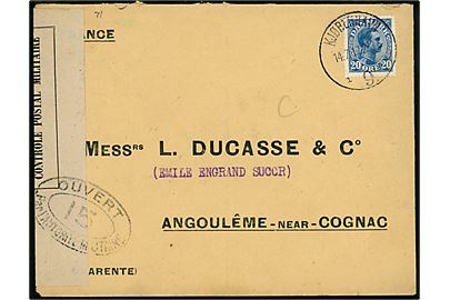 20 øre Chr. X single på brev fra Kjøbenhavn 9 d. 14.7.1917 til Angouleme, Frankrig. Åbnet af fransk censur no. 15 i Dieppe. 