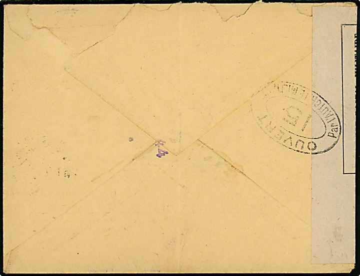 20 øre Chr. X single på brev fra Kjøbenhavn 9 d. 14.7.1917 til Angouleme, Frankrig. Åbnet af fransk censur no. 15 i Dieppe. 