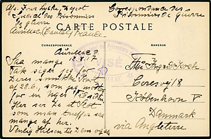 Ufrankeret krigsfangekort fra sønderjysk fange, Ivar Lycke, i særlejr Aurillac d. 12.8.1917 til København, Danmark. Ovalt lejrcensurstempel. 
