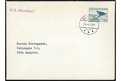 1 kr. Grønlandshval på brev fra Angmagssalik d. 30.9.1977 til Aabybro. Privat skibsstempel fra M/S Mövensteert (Tysk skib chartered af KGH). 