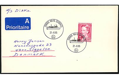 4 kr. Margrethe på brev stemplet ombord på M/S Disko d. 21.6.1995 til Slagelse, Danmark.