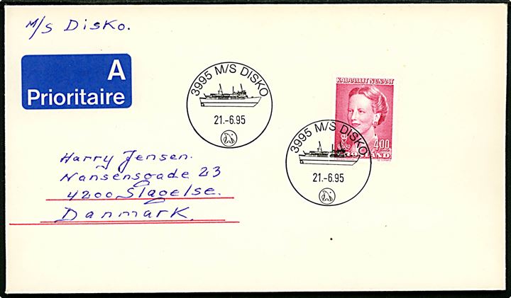 4 kr. Margrethe på brev stemplet ombord på M/S Disko d. 21.6.1995 til Slagelse, Danmark.