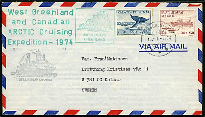 1 kr. Grønlandshval og 1 kr. KGH 200 år på filatelistisk luftpostbrev fra Jakobshavn d. 15.7.1974 til Kalmar, Sverige. Sidestempler fra krydstogtskibet M/S Lindblad Explorer.