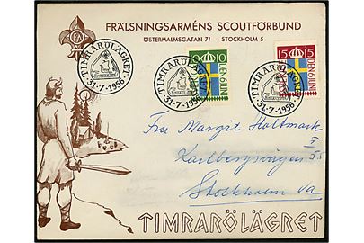 10 öre og 15 öre Flagets dag på illustreret spejderkuvert fra Frälsningsarméns Scoutförbund annulleret med særstempel Timarölägret d. 31.7.1956 til Stockholm.