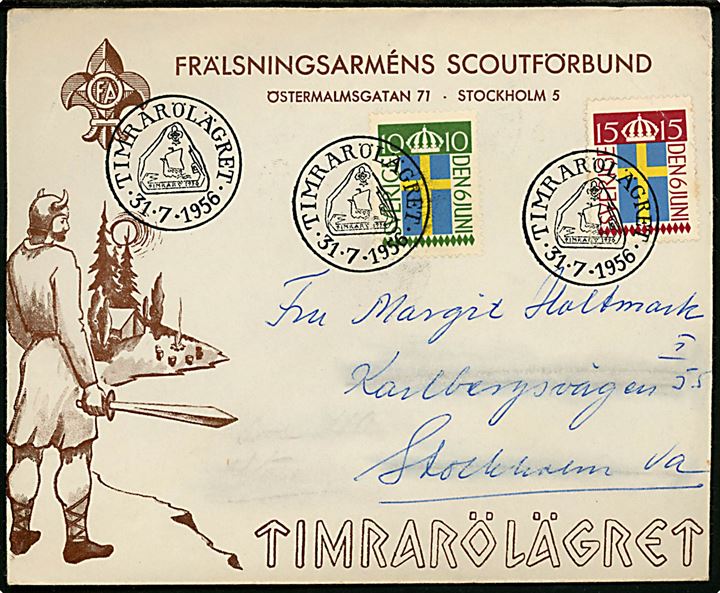 10 öre og 15 öre Flagets dag på illustreret spejderkuvert fra Frälsningsarméns Scoutförbund annulleret med særstempel Timarölägret d. 31.7.1956 til Stockholm.