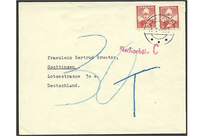 15 øre Chr. X (2) på 30 øre frankeret brev stemplet  Egedesminde d. 14.6.1953 til Göttingen, Tyskland. Rødt portostempel Nachgebühr C og 30 pfg. tysk porto. 