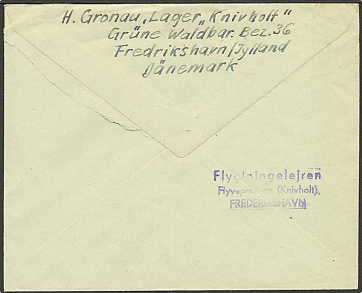 40 øre Posthus franko frankeret brev fra tysk flygtning stemplet i Aalborg d. 30.1.1947 til Flensburg, Tyskland. På bagsiden afsender og 3-liniestempel: Flygtningelejren Flyvepladsen (Knivholt) Frederikshavn. 