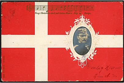 Kong Chr. IX på Dannebrog med noder til Kong Christian stod ved hoien Mast.... D.R.G.M. E.B.&C.i.B. no. 9794. Tyskfremstillet reliefkort med dansk tekst anvendt i Haderslev 1902.