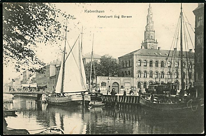 Købh., Kanalparti bag Børsen med sejlskibe. C. F. no. 55.
