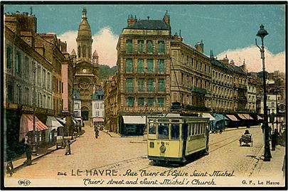 Frankrig, Le Havre, Rue Thiers et l'Eglise Saint Michel med sporvogn no. 60