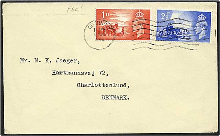 3½ pence på brev fra Guernsey d. 10.5.1948 til Charlottenlund.