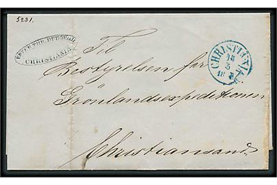1863. Ufrankeret brev med blåt antiqua Christiania d. 14.5.1863 til Christiansand.