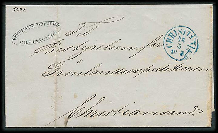 1863. Ufrankeret brev med blåt antiqua Christiania d. 14.5.1863 til Christiansand.