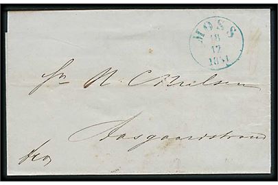 1854. Ufrankeret francobrev med blåt antiqua Moss d. 18.12.1854 til Aasgaardstrand.