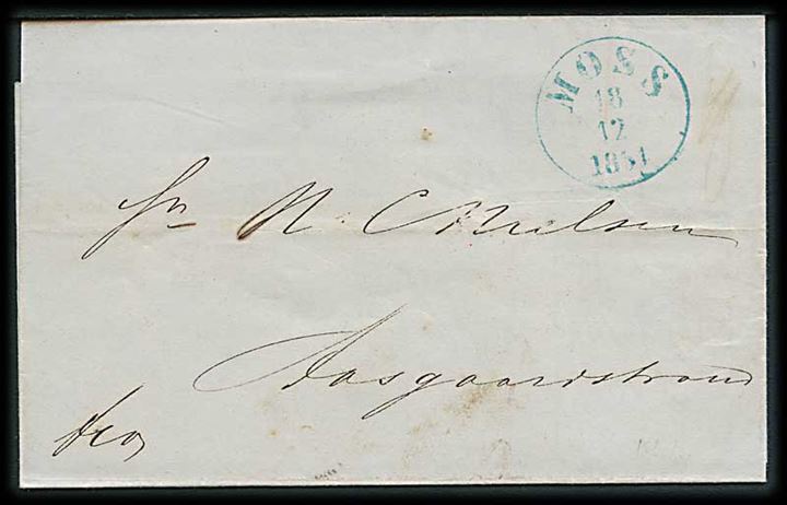 1854. Ufrankeret francobrev med blåt antiqua Moss d. 18.12.1854 til Aasgaardstrand.
