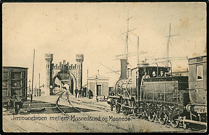 Jernbanebroen mellem Masnedsund og Masnedø med lokomotiv. Peter Alstrup no. 2300. Kortet anvendt 1972. 