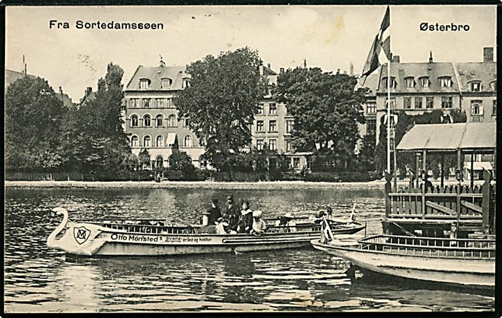 Købh., Østerbro, Sortedamssøen med turbåd påtrykt reklame for Otto Mönsted's Svane Margarine Fast og Holdbar. E.H. Lorenzen & Co. no. 3. 