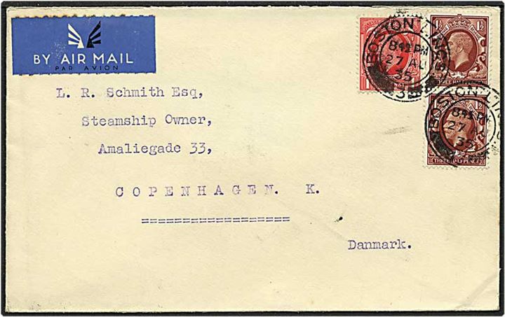 4 pence på luftpost brev fra Boston, England, d. 27.4.1935 til København.