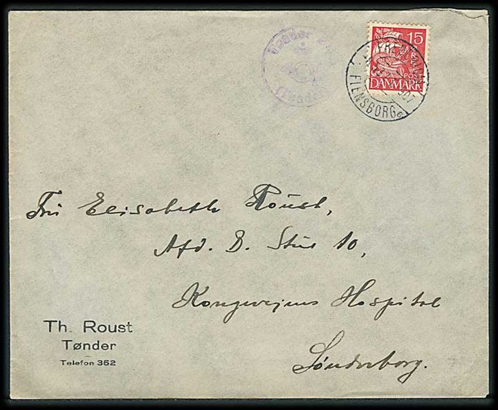 15 øre Karavel på brev annulleret med bureaustempel Fredericia - Flensborg sn6 d. 8.5.1937 T.907 og sidestemplet med posthornstempel Tønder Øst (Tønder) til Sønderborg.