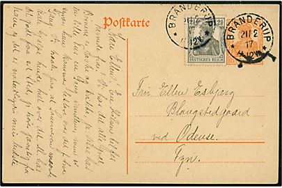 7½ pfg. helsagsbrevkort opfrankeret med 2½ pfg. Germania annulleret Branderup d. 21.2.1917 til Odense, Danmark. Uden tegn på censur. 