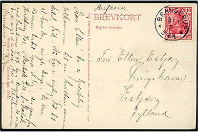 10 pfg. Germania på brevkort (Voigts Minde ved Faaborg) annulleret Brenderup d. 3.1.1914 til Esbjerg.