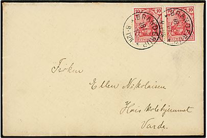 10 pfg. Germania (2) på brev fra Brenderup d. 18.7.1910 til Højskolehjemmet i Varde, Danmark.