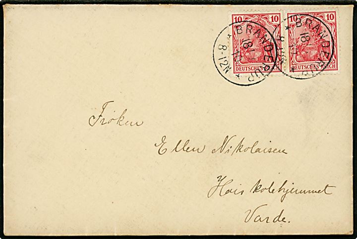 10 pfg. Germania (2) på brev fra Brenderup d. 18.7.1910 til Højskolehjemmet i Varde, Danmark.