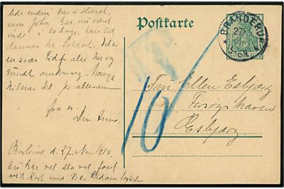 5 pfg. Germania helsagsbrevkort sendt underfrankeret fra Brenderup d. 27.11.1914 til Esbjerg, Danmark. Udtakseret i 10 øre dansk porto.