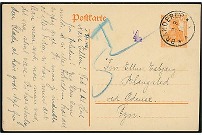 7½ pfg. Germania helsagsbrevkort sendt underfrankeret fra Brenderup d. 8.3.1918 til Odense, Danmark. Violet censur-stempel 4 og udtakseret i 5 øre dansk porto.