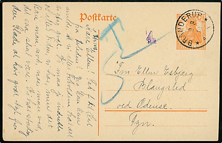 7½ pfg. Germania helsagsbrevkort sendt underfrankeret fra Brenderup d. 8.3.1918 til Odense, Danmark. Violet censur-stempel 4 og udtakseret i 5 øre dansk porto.