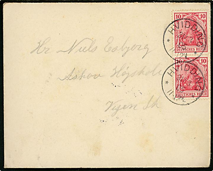 10 øre Germania i parstykke på brev annulleret Hvidding d. 31.3.1905 til Askov Højskole pr. Vejen St., Danmark.