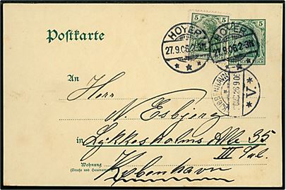 5 pfg. helsagsbrevkort opfrankeret med 5 pfg. Germania fra Hoyer *** d. 27.9.1906 til København, Danmark.
