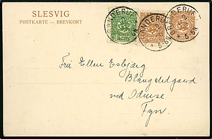 7½ pfg. Fælles udg. helsagsbrevkort opfrankeret med 5 pfg. og 7½ pfg. Fælles udg. annulleret Branderup d. 1.2.1920 til Odense, Danmark.