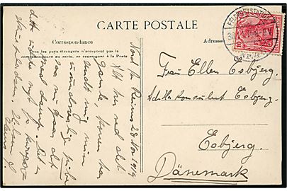 Tysk 10 pfg. Germania på frankeret feltpostbrev med dansk tekst dateret Nord for Reims og annulleret Feldpoststation * Nr. 46 * d. 30.11.1914 til Esbjerg, Danmark.