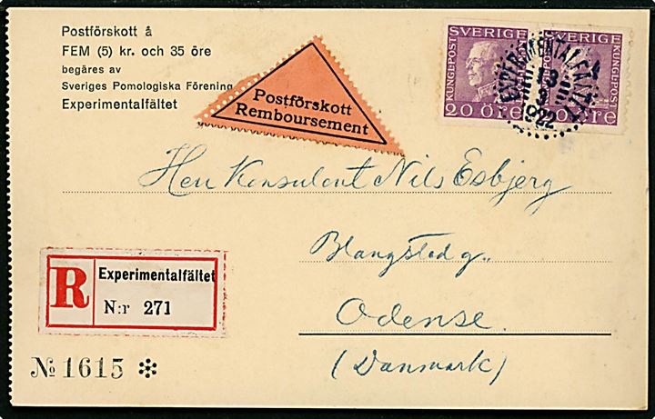 20 öre Gustaf i parstykke på anbefalet brevkort med postopkrævning annulleret Experimentalfältet d. 13.3.1922 til Odense, Danmark. Medlemskontingent til Sveriges Pomologiska Förening. 