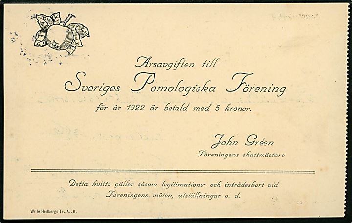 20 öre Gustaf i parstykke på anbefalet brevkort med postopkrævning annulleret Experimentalfältet d. 13.3.1922 til Odense, Danmark. Medlemskontingent til Sveriges Pomologiska Förening. 