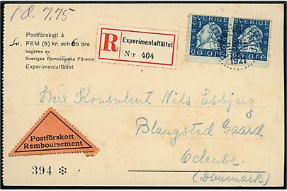 20 öre Gustaf II Adolf i parstykke på anbefalet brevkort med postopkrævning annulleret Experimentalfältet d. 28.3.1921 til Odense, Danmark. Medlemskontingent til Sveriges Pomologiska Förening. 