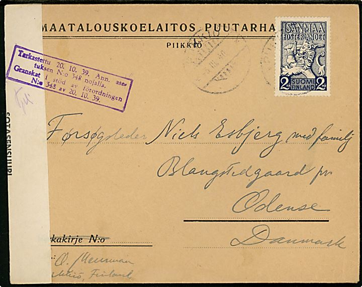 2+2 mk. Fosterlandet single på brev fra Professor Ole Meuman, Piikkiö d. 5.3.1940 til Odense, Danmark. Åbnet af finsk vinterkrigscensur