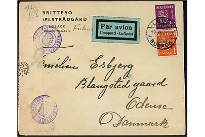 1 mk. og 2,75 mk. Løve på luftpostbrev fra Bobäck d. 17.12.1941 til Odense, Danmark. Åbnet af både dansk og finsk censur.