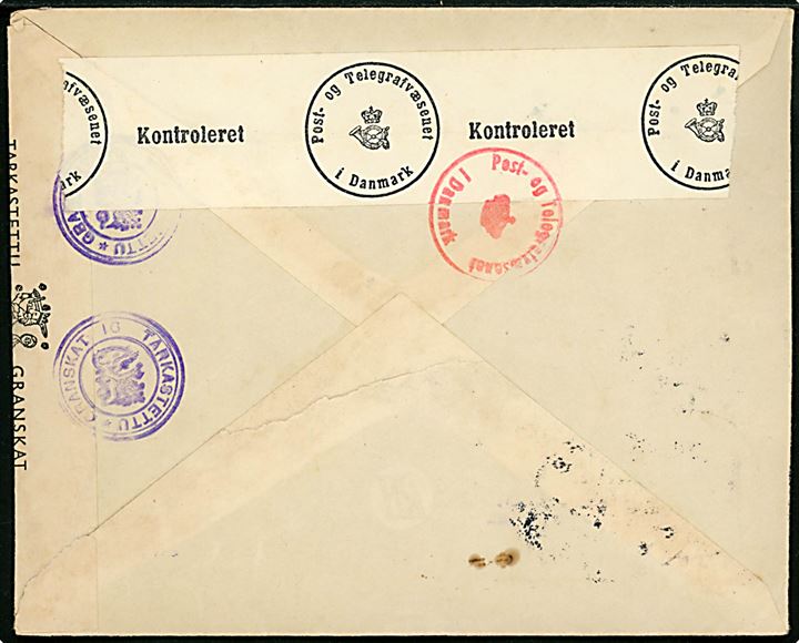 1 mk. og 2,75 mk. Løve på luftpostbrev fra Bobäck d. 17.12.1941 til Odense, Danmark. Åbnet af både dansk og finsk censur.