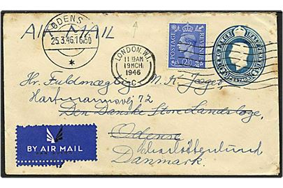 2½ blå pence luftpost helsag opfrankeret med 2½ pence  fra London, England, d. 19.3.1946 til Odense. Omadresseret til Charlottenlund grundet utilstrækkelig adresse.