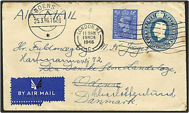 2½ blå pence luftpost helsag opfrankeret med 2½ pence  fra London, England, d. 19.3.1946 til Odense. Omadresseret til Charlottenlund grundet utilstrækkelig adresse.