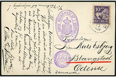 10 öre Løve på brevkort fra Uddevalla annulleret med svagt bureaustempel PLK 278B (= Gävle-Uddevalla) d. 7.10.1929 til Odense, Danmark. Ovalt skjoldstempel Kgl. dansk Vicekonsulat i Uddevalla.