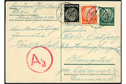 6 pfg. Hindenburg helsagsbrevkort opfrankeret med 1 pfg. og 8 pfg. Hindenburg fra Wien d. 17.12.1940 til Odense, Danmark. Passér stemplet Ab ved den tyske censur i Berlin.