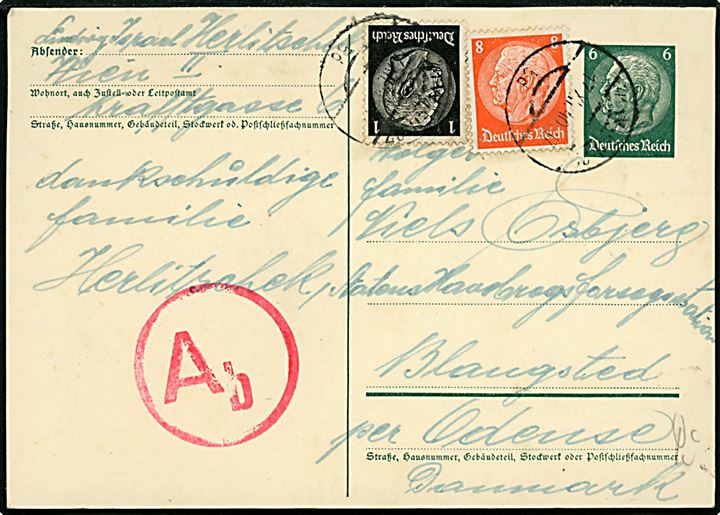 6 pfg. Hindenburg helsagsbrevkort opfrankeret med 1 pfg. og 8 pfg. Hindenburg fra Wien d. 17.12.1940 til Odense, Danmark. Passér stemplet Ab ved den tyske censur i Berlin.