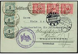 1 mio. mk. (3-stribe) og 5 mio. mk. (3-stribe) Infla udg. på 18 mio. mk. frankeret brevkort fra Geisenheim d. 27.10.1923 til København, Danmark - eftersendt til Odense. 