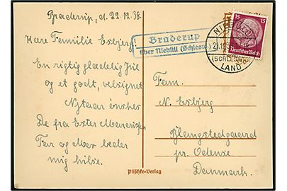 15 pfg. Hindenburg på julekort annulleret Niebüll (Schleswig) Land d. 21.12.1938 og sidestemplet Braderup über Niebüll (Schlesw.) til Odense.