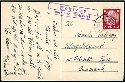 15 pfg. Hindenburg på julekort annulleret Leck (Schleswig) d. 27.12.193? og sidestemplet Achtrup über Leck (Schleswig) til Odense, Danmark.